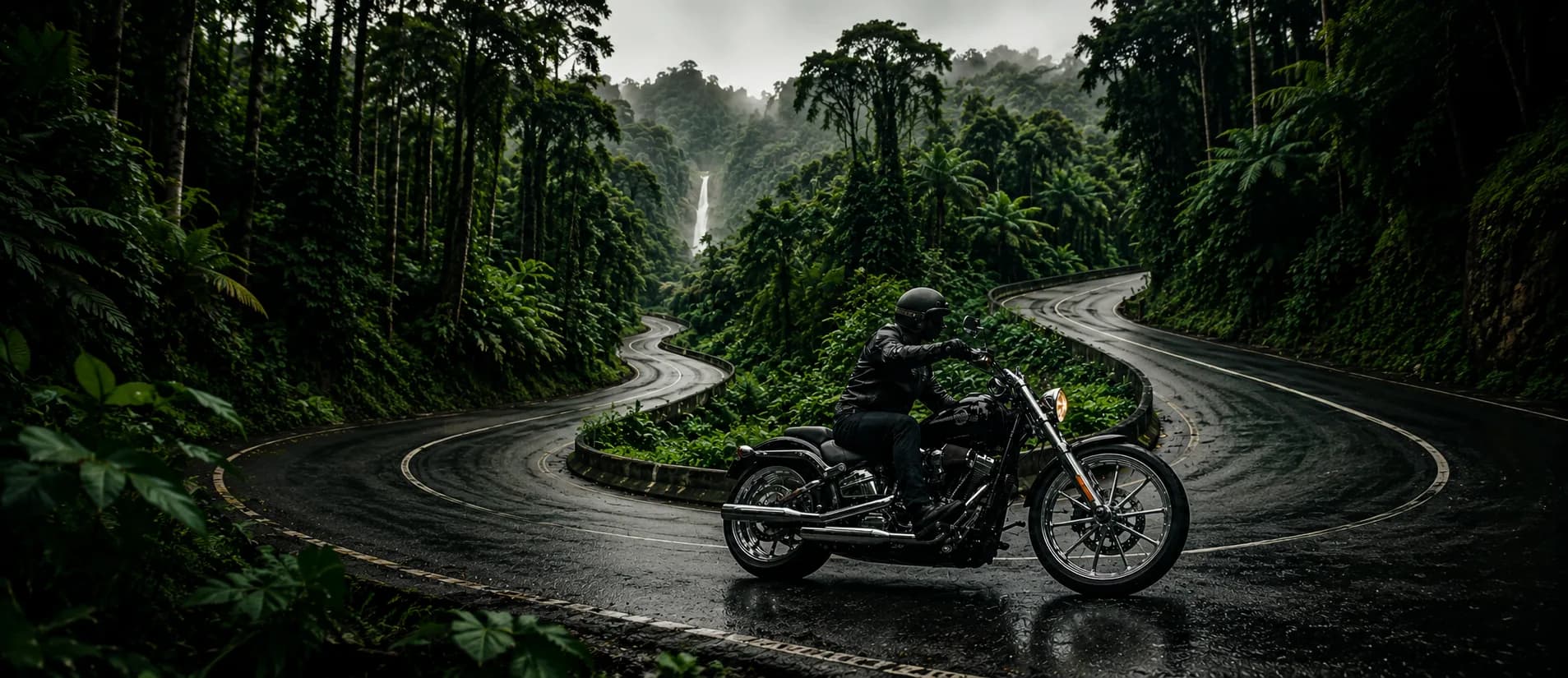 Premium motorcycle rental Bali — sport bike on a scenic Bali road at golden hour