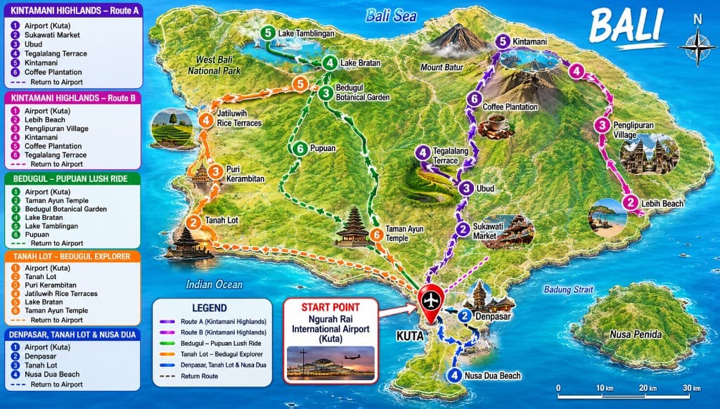 Bali motorcycle tour routes map — guided motorcycle tours Bali and big bike adventures