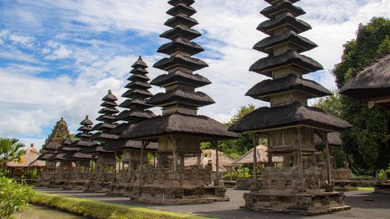 Taman Ayun Temple Bali with traditional multi-tiered meru towers and moat gardens