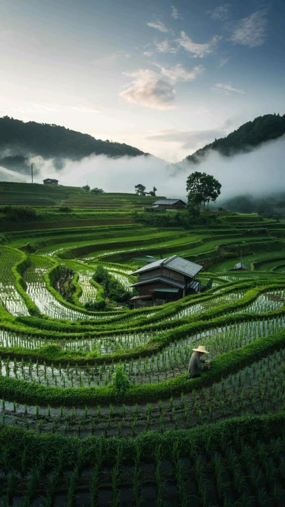 Pupuan rice terraces panorama with misty mountains and lush green highland fields