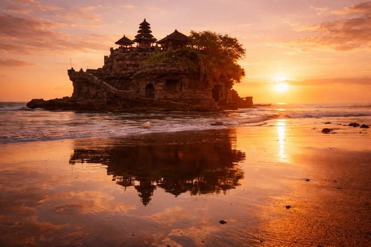 Tanah Lot Temple overlooking the Indian Ocean at sunset with beach reflection