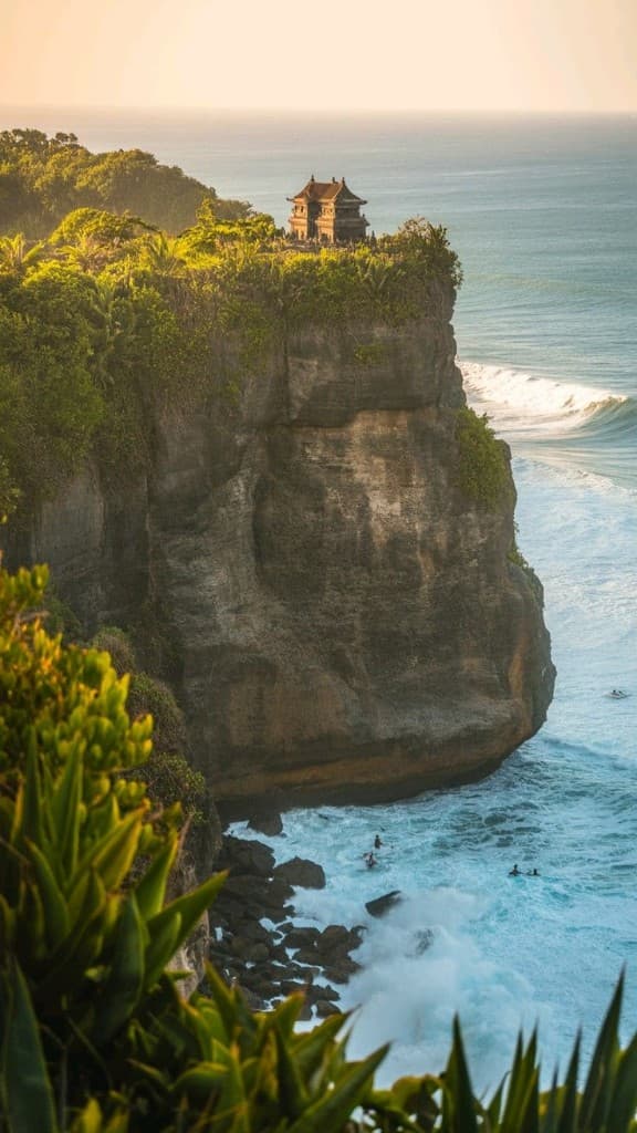 Ocean cliffs and temple on Bali coastline near Tanah Lot at golden hour