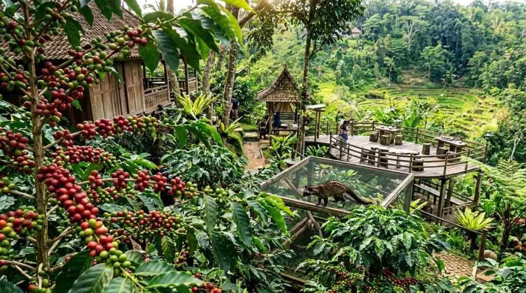 Balinese coffee plantation with ripe cherries and rice terraces in Kintamani highlands