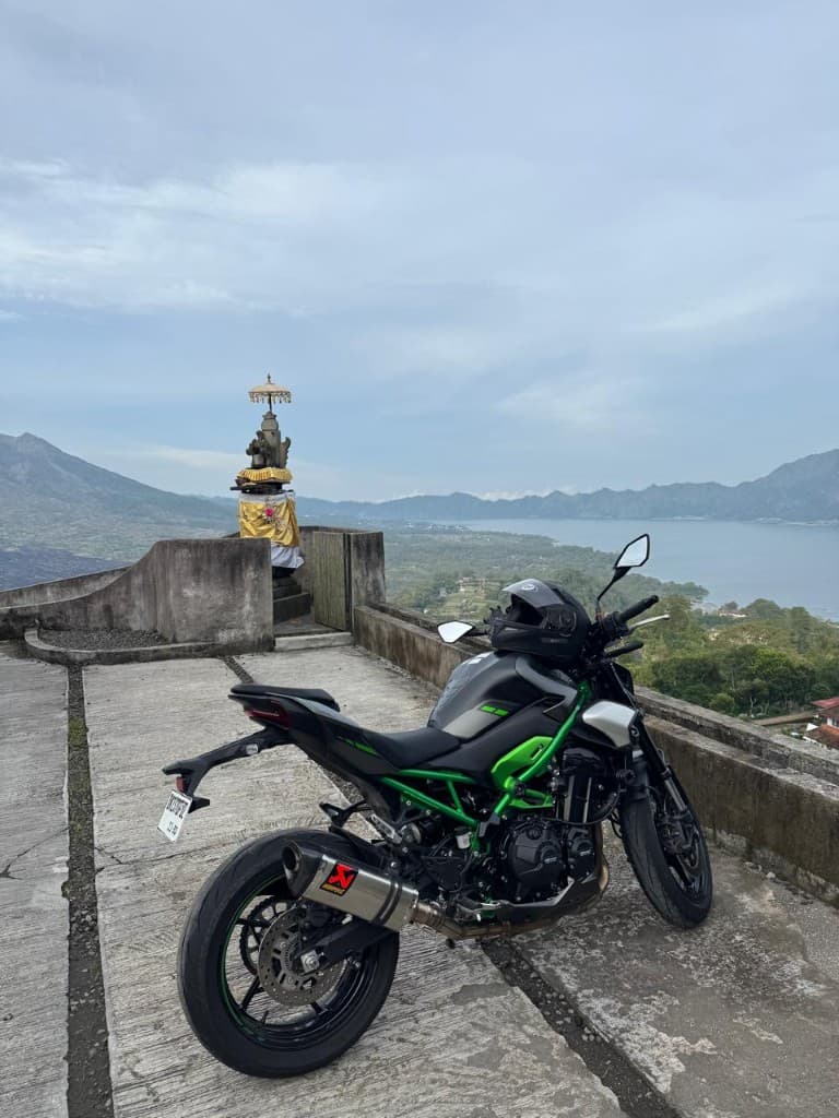 Kawasaki big bike at Kintamani viewpoint overlooking Lake Batur and Mount Batur